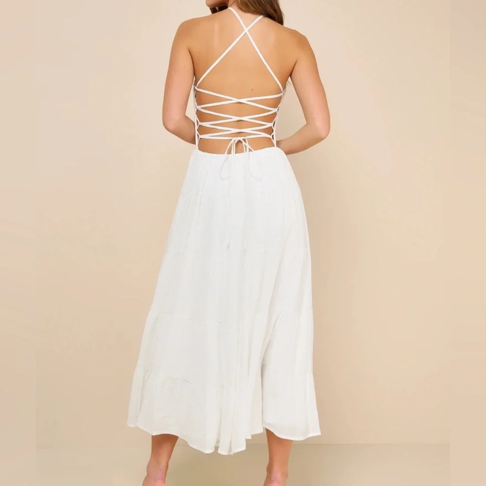Effortless Sweetness White Ruched Lace-Up Tiered Midi Dress - Picture 2 of 8